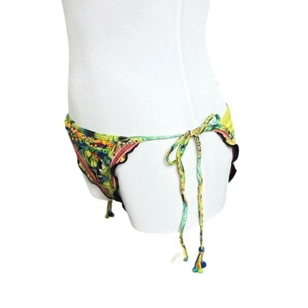 Agua Bendita Ave Birds Bikini Swim Bottom LARGE Green Black‎ Hand Embellished